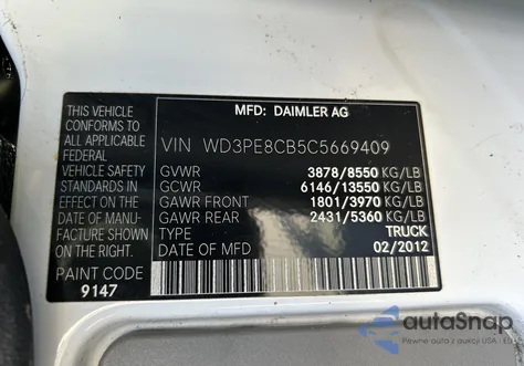 2012 Mercedes-Benz Sprinter 2500 High Roof from USA, damaged, VIN WD3PE8CB5C5669409